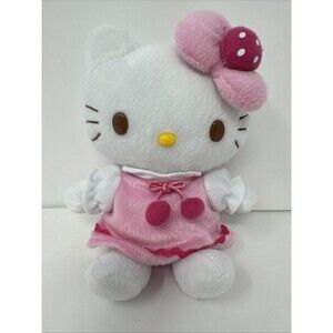 Hello Kitty 6” Pink & White Strawberry Plush 2010 Sanrio Pom Pom Tie Brown Eyes